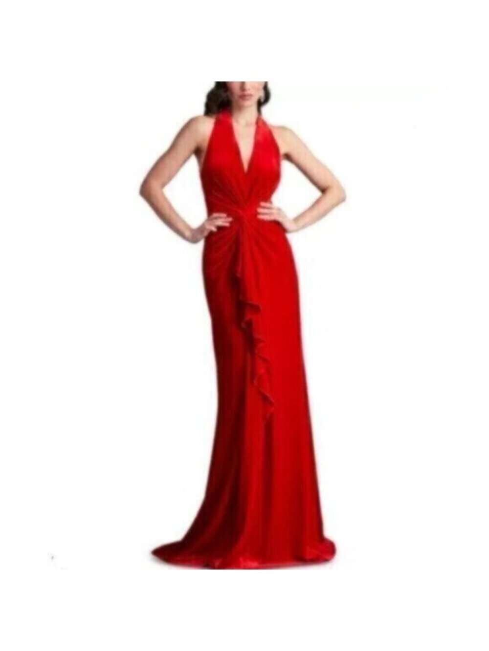 Vintage Red Halter Plunged Neckline Gown with Elegant Ruffle Detail